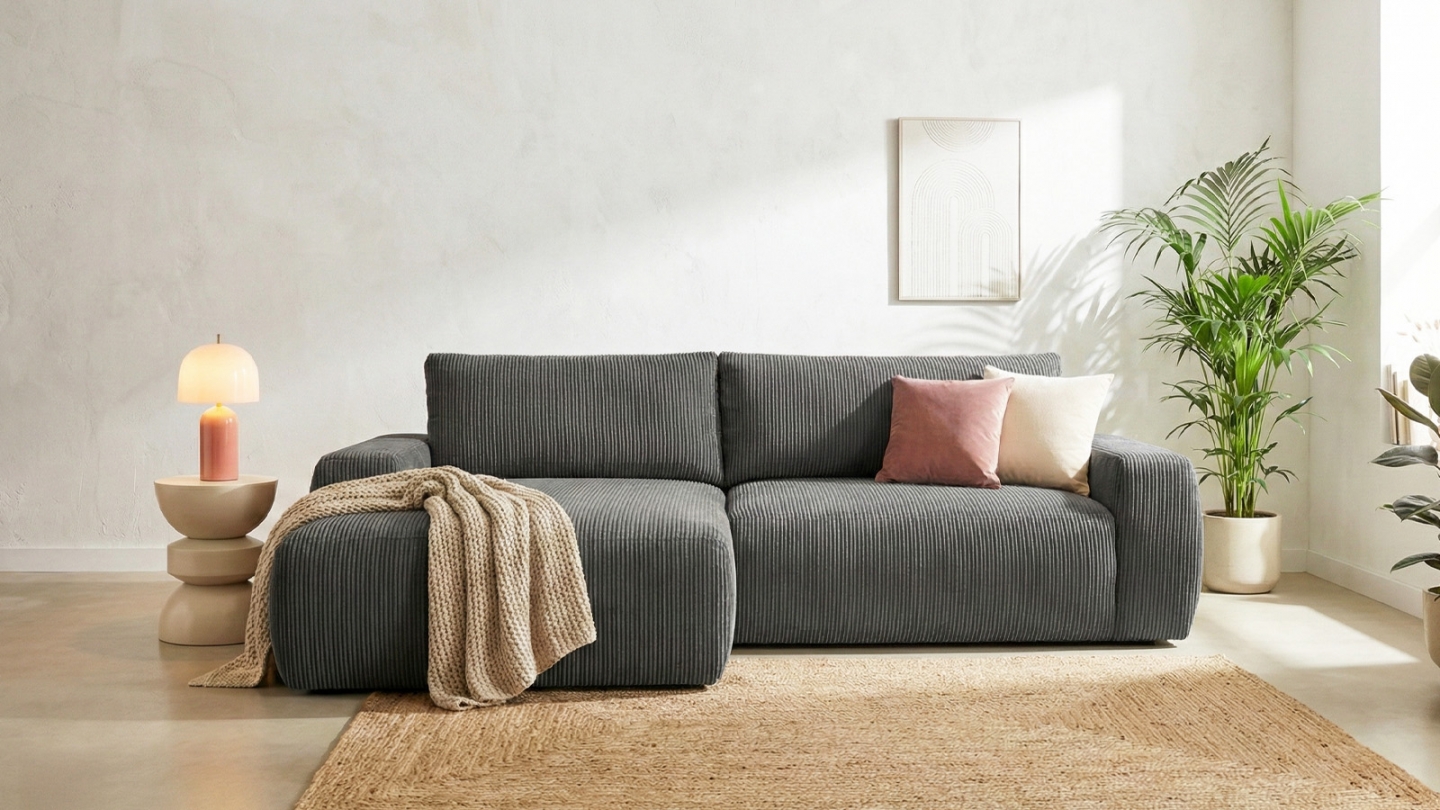 Canapé d'angle gauche convertible 3 places en velours côtelé gris anthracite - Sonny Canapé d'angle gauche convertible 3 places en velours côtelé gris anthracite - Sonny