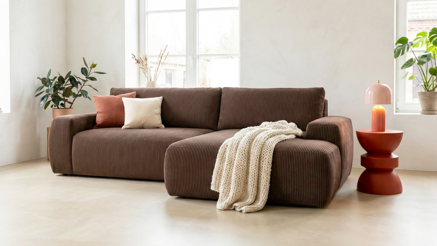 Canapé d'angle droit convertible 3 places en velours côtelé moka - Sonny Canapé d'angle droit convertible 3 places en velours côtelé moka - Sonny