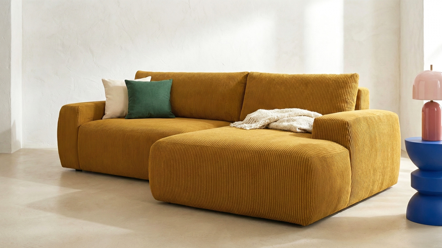 Canapé d'angle droit convertible 3 places en velours côtelé jaune moutarde - Sonny Canapé d'angle droit convertible 3 places en velours côtelé jaune moutarde - Sonny