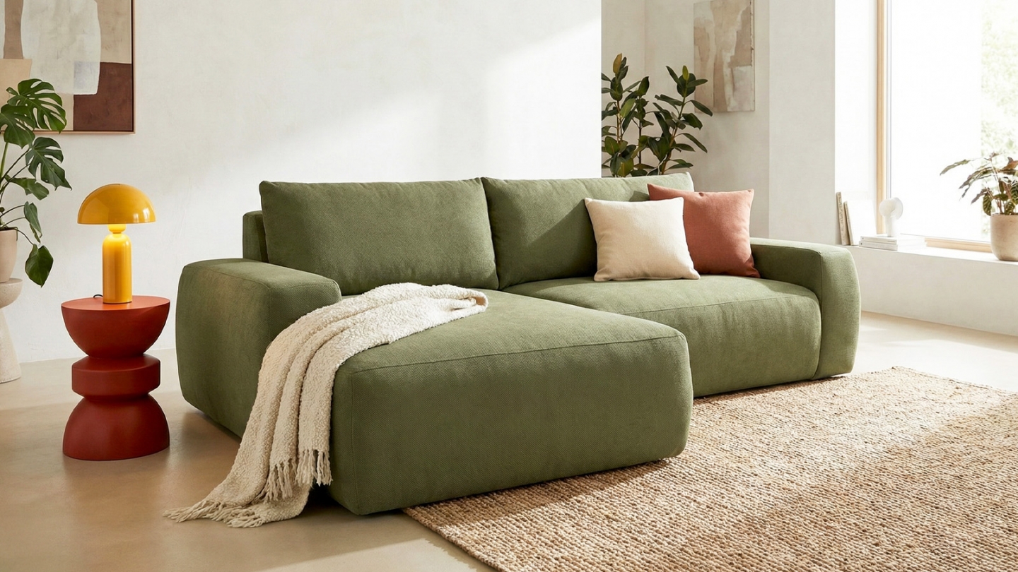 Canapé d'angle gauche convertible 3 places en tissu chenille vert olive - Sonny Canapé d'angle gauche convertible 3 places en tissu chenille vert olive - Sonny