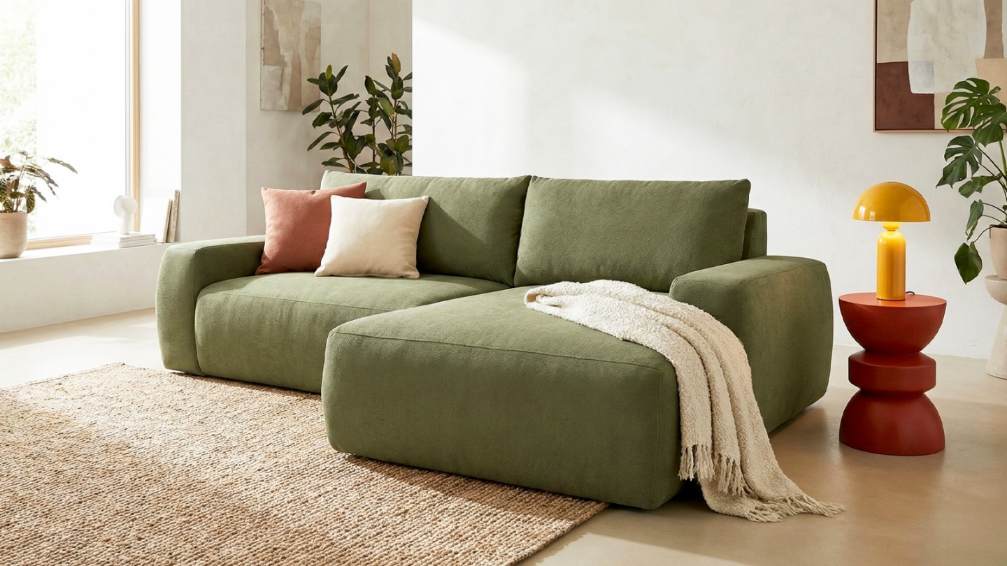 Canapé d'angle droit convertible 3 places en tissu chenille vert olive - Sonny Canapé d'angle droit convertible 3 places en tissu chenille vert olive - Sonny