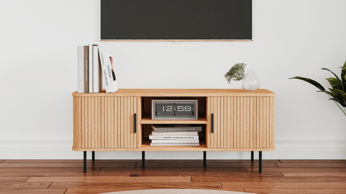 Meuble TV 2 portes 2 niches effet Chêne 120 cm - Sora Meuble TV 2 portes 2 niches effet Chêne 120 cm - Sora