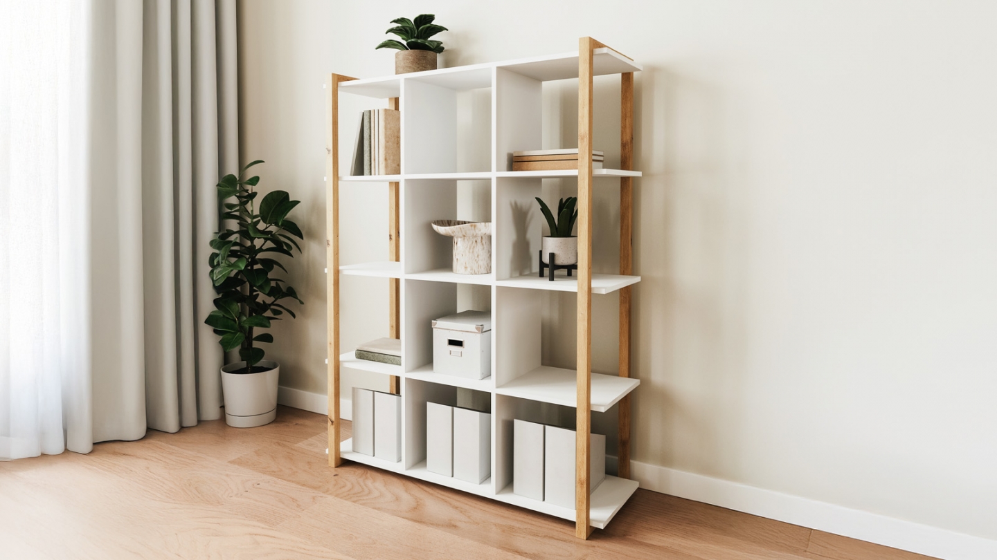 Etagère 4 niveaux blanc et effet bois 107 cm - Nora Etagère 4 niveaux blanc et effet bois 107 cm - Nora