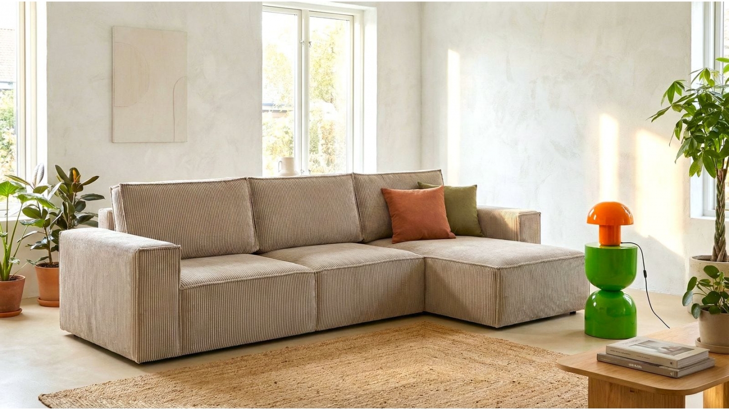 Canapé d'angle 5 places convertible réversible avec coffre de rangement en velours côtelé taupe - Harper New Canapé d'angle 5 places convertible réversible avec coffre de rangement en velours côtelé taupe - Harper New