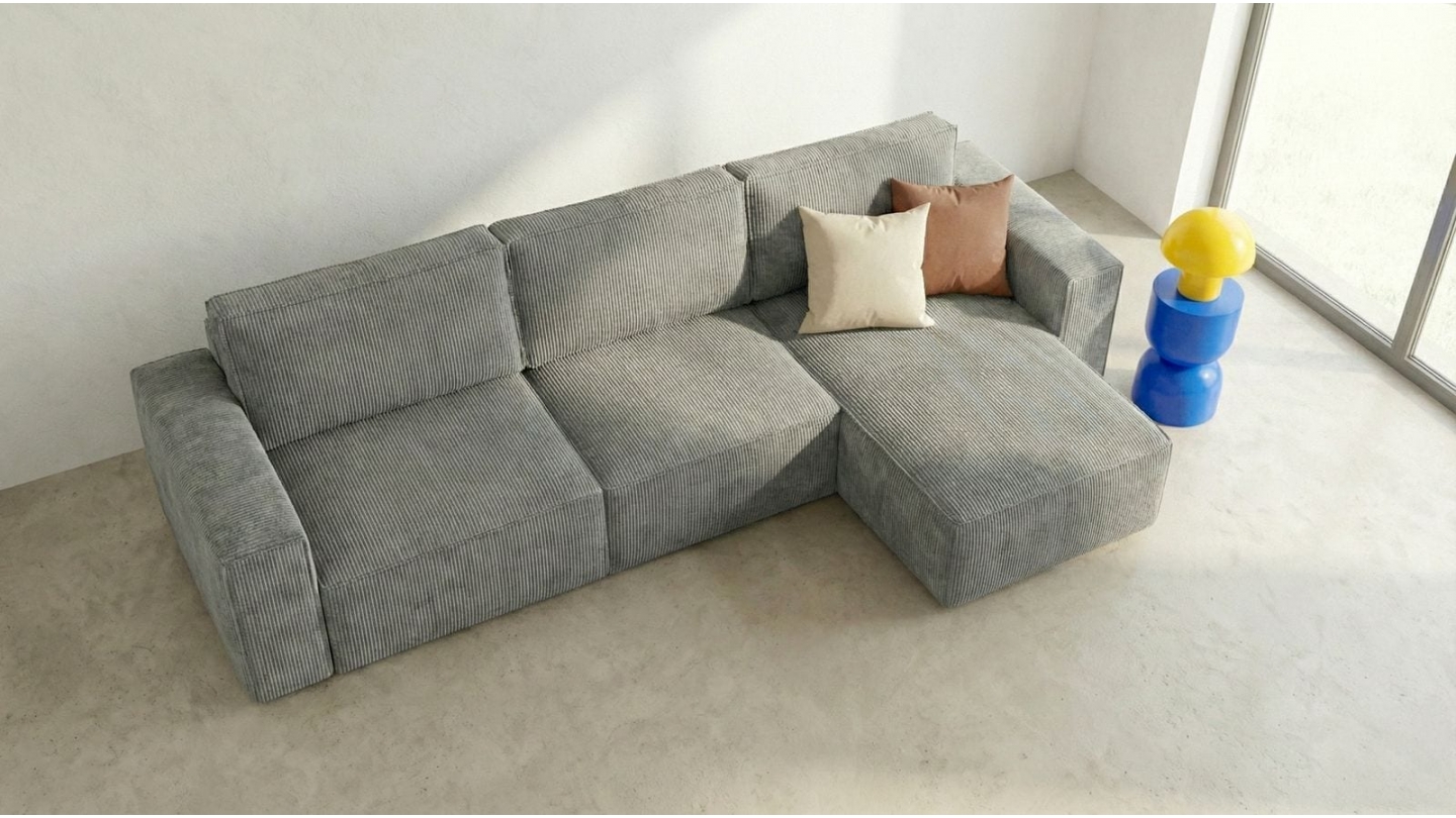 Canapé d'angle 5 places convertible réversible avec coffre de rangement en velours côtelé gris clair - Harper New Canapé d'angle 5 places convertible réversible avec coffre de rangement en velours côtelé gris clair - Harper New