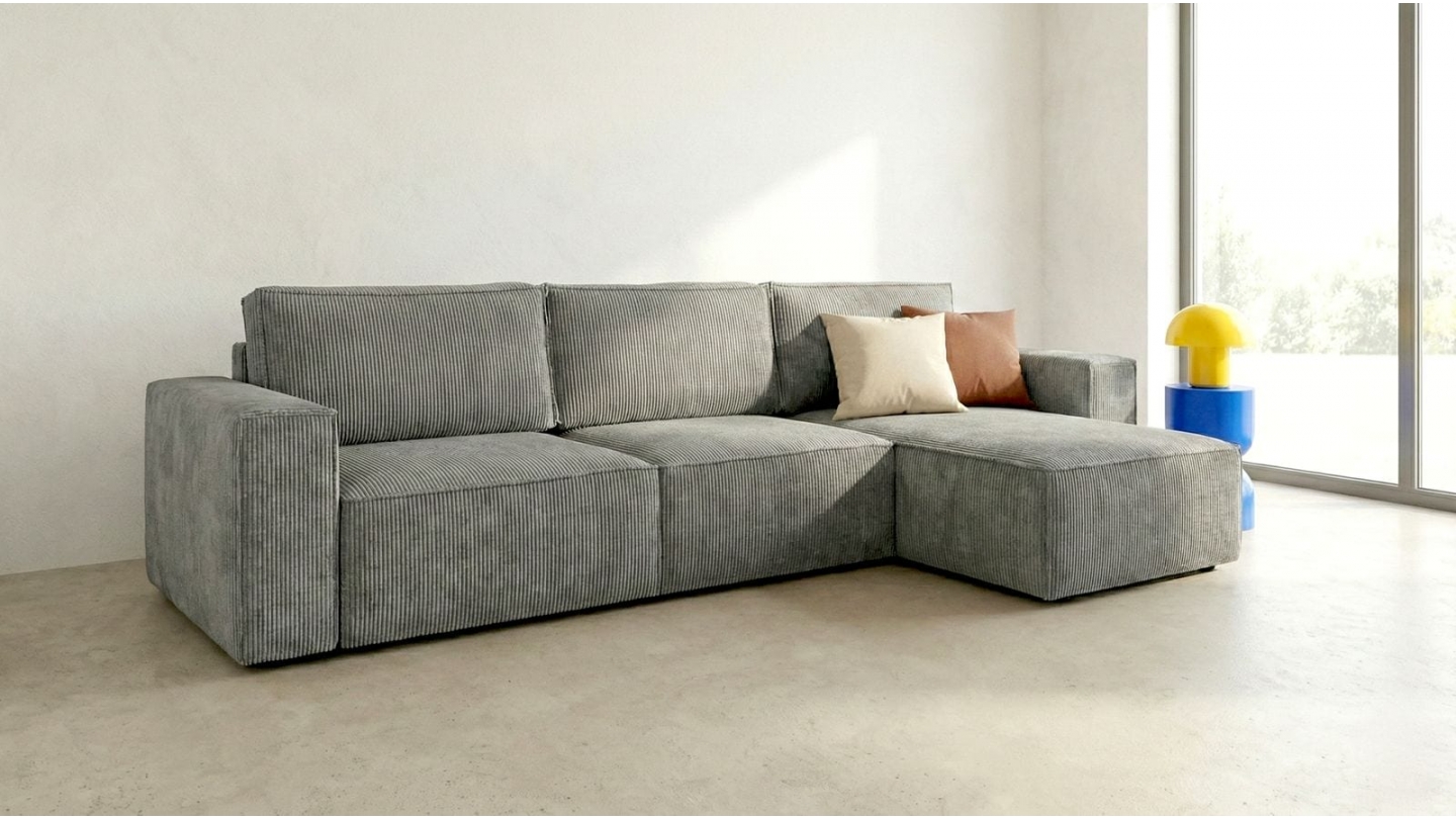 Canapé d'angle 5 places convertible réversible avec coffre de rangement en velours côtelé gris clair - Harper New Canapé d'angle 5 places convertible réversible avec coffre de rangement en velours côtelé gris clair - Harper New