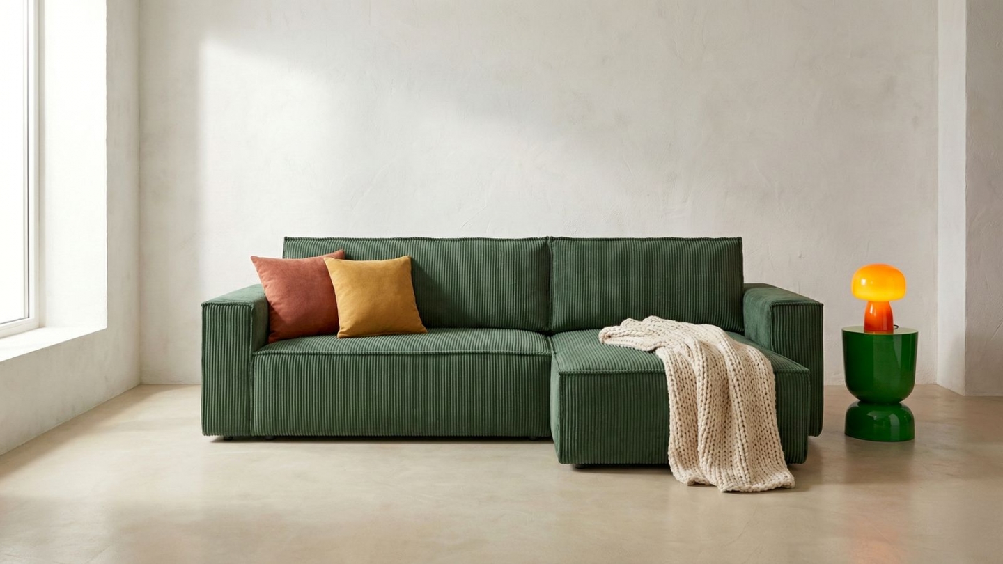 Canapé d'angle convertible réversible 4 places avec coffre de rangement en velours côtelé vert foncé - Livia Canapé d'angle convertible réversible 4 places avec coffre de rangement en velours côtelé vert foncé - Livia