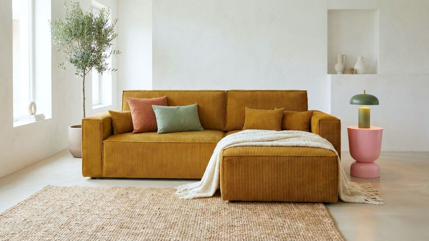 Canapé d'angle convertible réversible 4 places avec coffre de rangement en velours côtelé jaune moutarde - Livia Canapé d'angle convertible réversible 4 places avec coffre de rangement en velours côtelé jaune moutarde - Livia