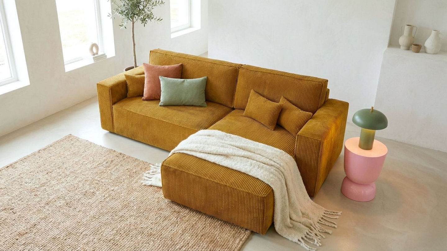 Canapé d'angle convertible réversible 4 places avec coffre de rangement en velours côtelé jaune moutarde - Livia Canapé d'angle convertible réversible 4 places avec coffre de rangement en velours côtelé jaune moutarde - Livia