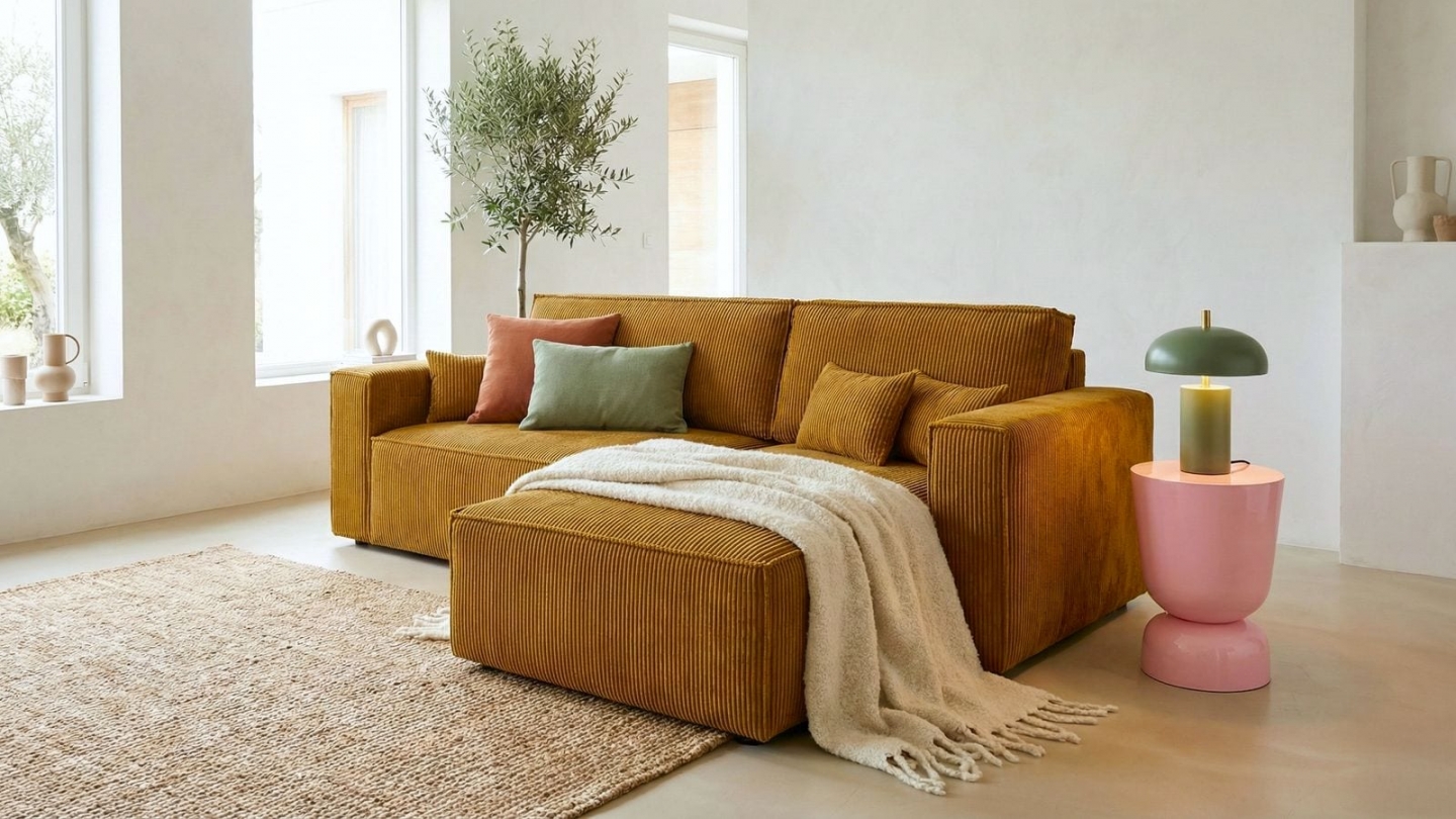 Canapé d'angle convertible réversible 4 places avec coffre de rangement en velours côtelé jaune moutarde - Livia Canapé d'angle convertible réversible 4 places avec coffre de rangement en velours côtelé jaune moutarde - Livia