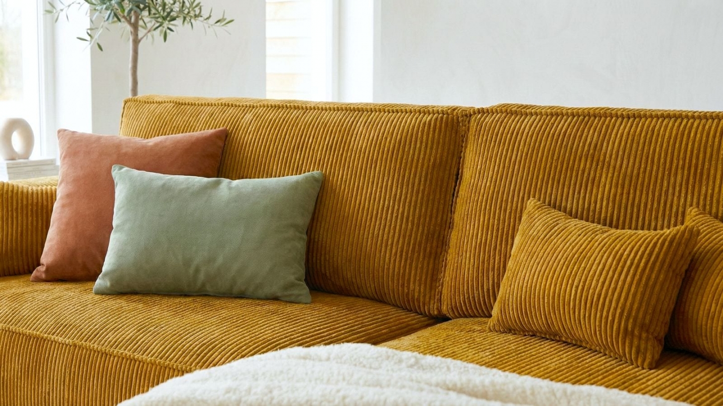 Canapé d'angle convertible réversible 4 places avec coffre de rangement en velours côtelé jaune moutarde - Livia Canapé d'angle convertible réversible 4 places avec coffre de rangement en velours côtelé jaune moutarde - Livia