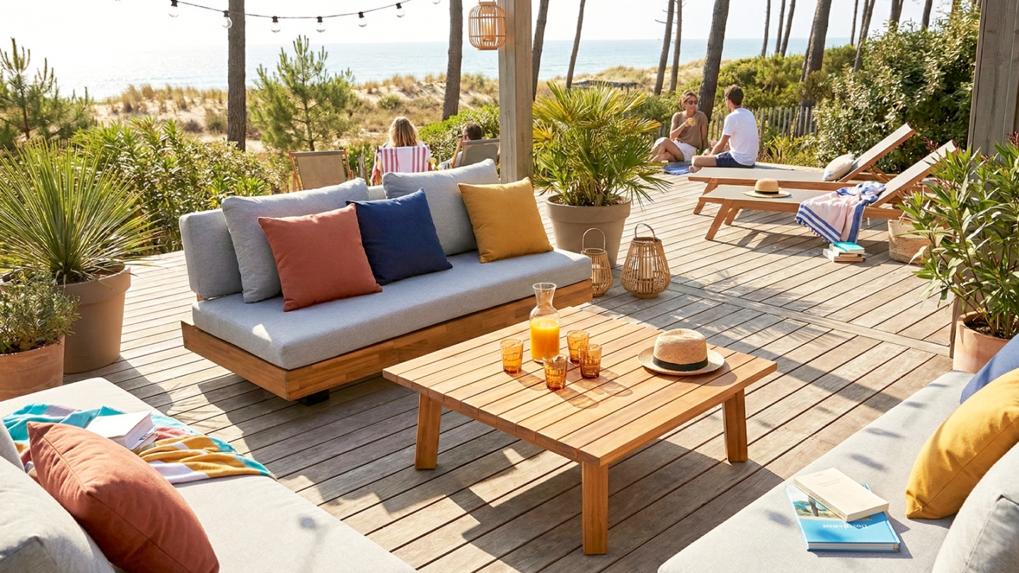 Canapé de jardin 2 places en bois FSC - coussins gris chiné - Capri Canapé de jardin 2 places en bois FSC - coussins gris chiné - Capri