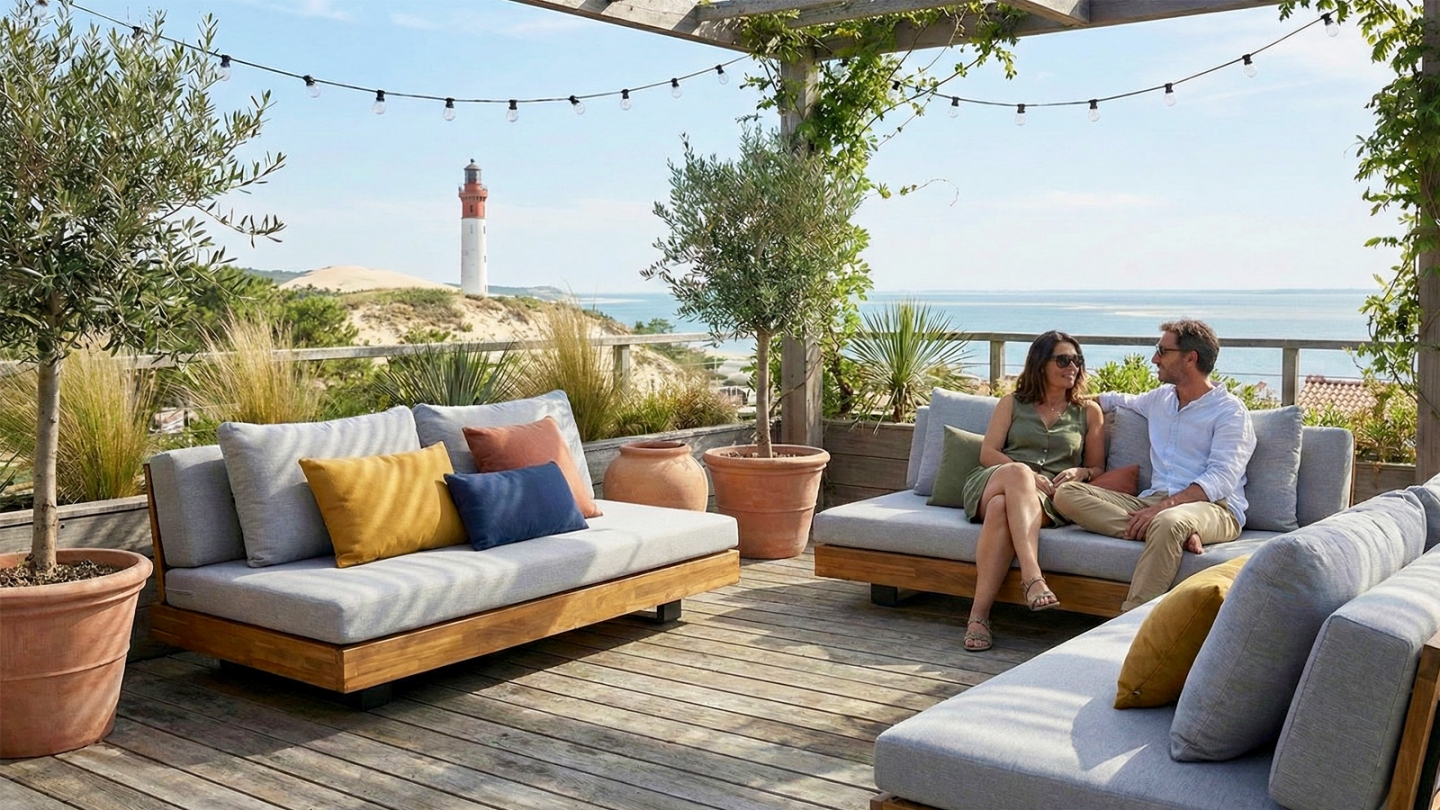 Canapé de jardin 2 places en bois FSC - coussins gris chiné - Capri Canapé de jardin 2 places en bois FSC - coussins gris chiné - Capri