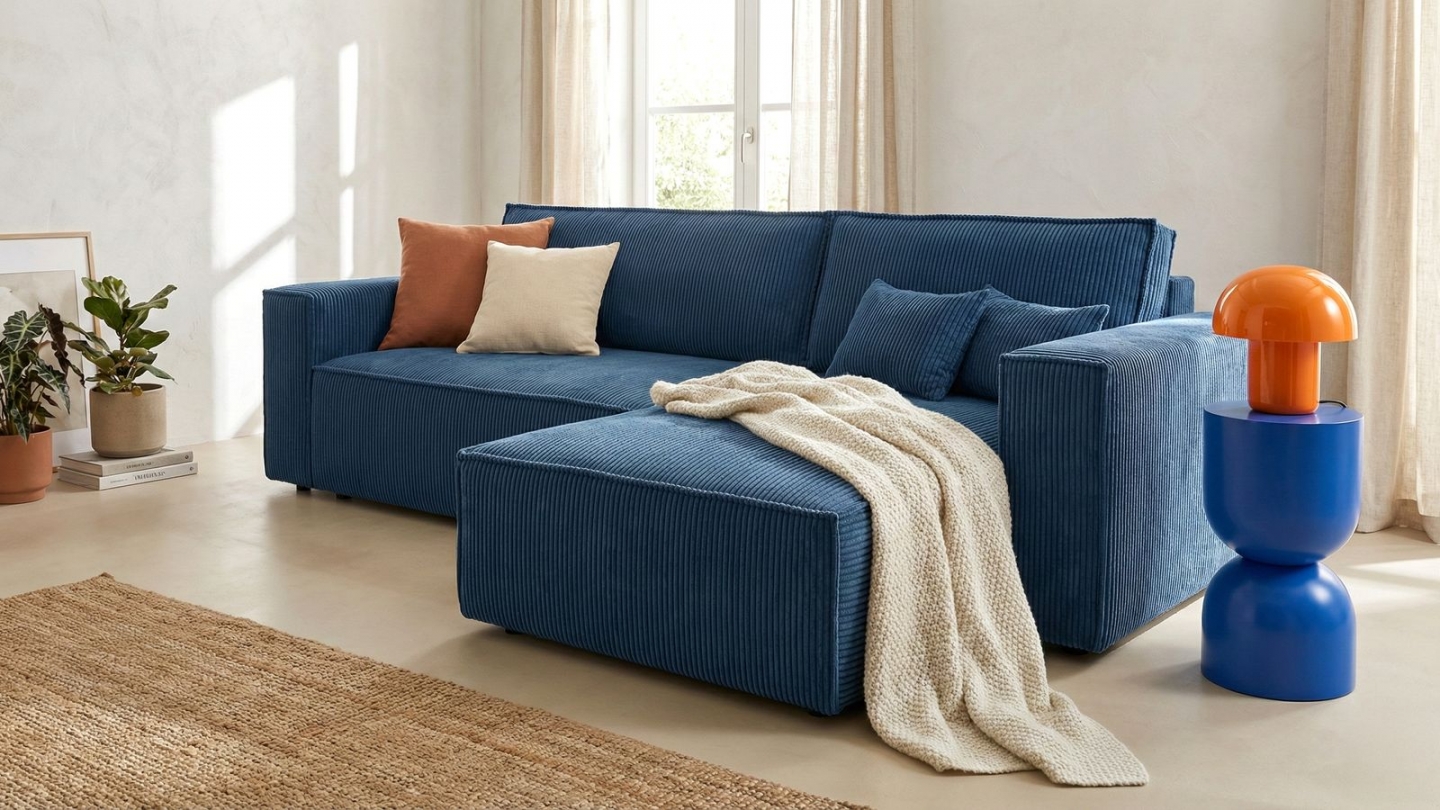 Canapé d'angle convertible réversible 4 places en velours gros côtelé bleu - Livia Canapé d'angle convertible réversible 4 places en velours gros côtelé bleu - Livia