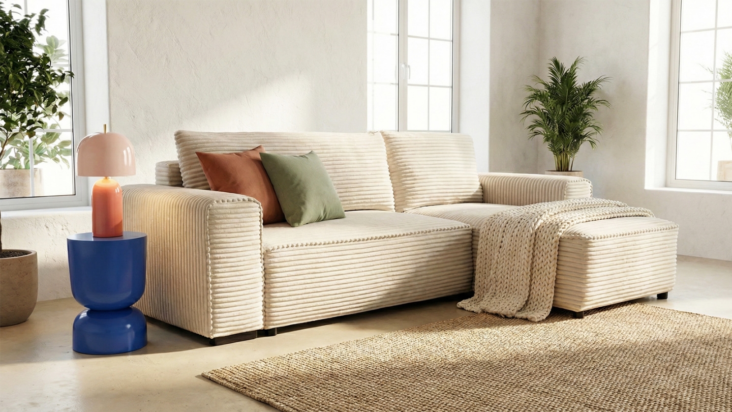 Canapé d'angle convertible réversible 3/4 places en velours gros côtelé beige - Farrow Canapé d'angle convertible réversible 3/4 places en velours gros côtelé beige - Farrow