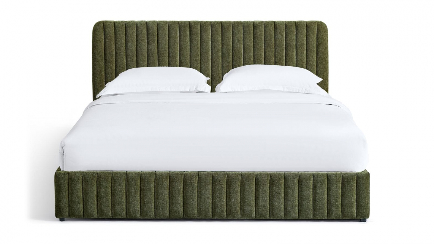 Lit coffre adulte 180x200 cm avec tête de lit capitonnée en tissu chenille vert kaki - Alto Lit coffre adulte 180x200 cm avec tête de lit capitonnée en tissu chenille vert kaki - Alto