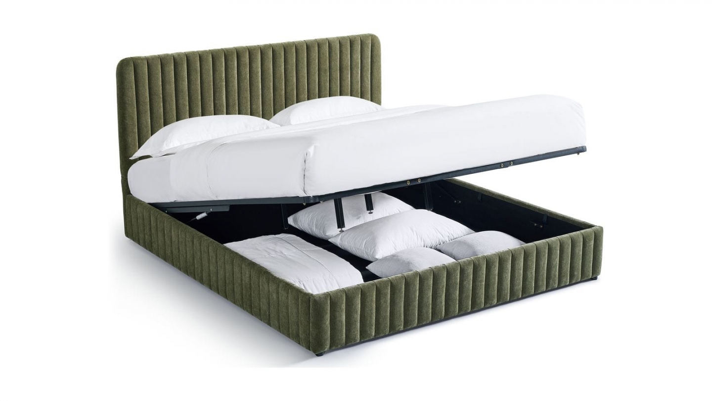 Lit coffre adulte 180x200 cm avec tête de lit capitonnée en tissu chenille vert kaki - Alto Lit coffre adulte 180x200 cm avec tête de lit capitonnée en tissu chenille vert kaki - Alto