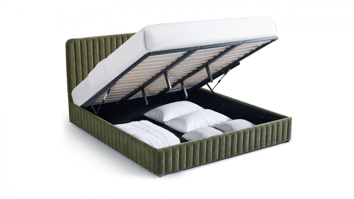Lit coffre adulte 180x200 cm avec tête de lit capitonnée en tissu chenille vert kaki - Alto Lit coffre adulte 180x200 cm avec tête de lit capitonnée en tissu chenille vert kaki - Alto