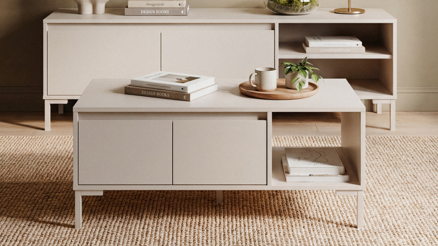 Table basse 2 portes 1 niche beige 100 cm - Ronda Table basse 2 portes 1 niche beige 100 cm - Ronda