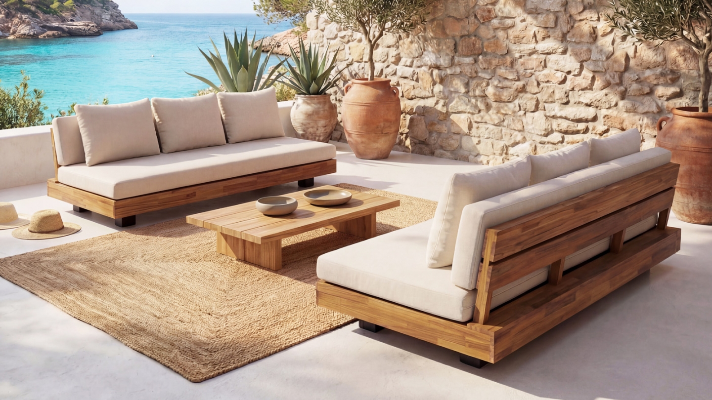 Salon de jardin 6 places en bois FSC - 2 Canapés 3 pl. - beige - Capri Salon de jardin 6 places en bois FSC - 2 Canapés 3 pl. - beige - Capri