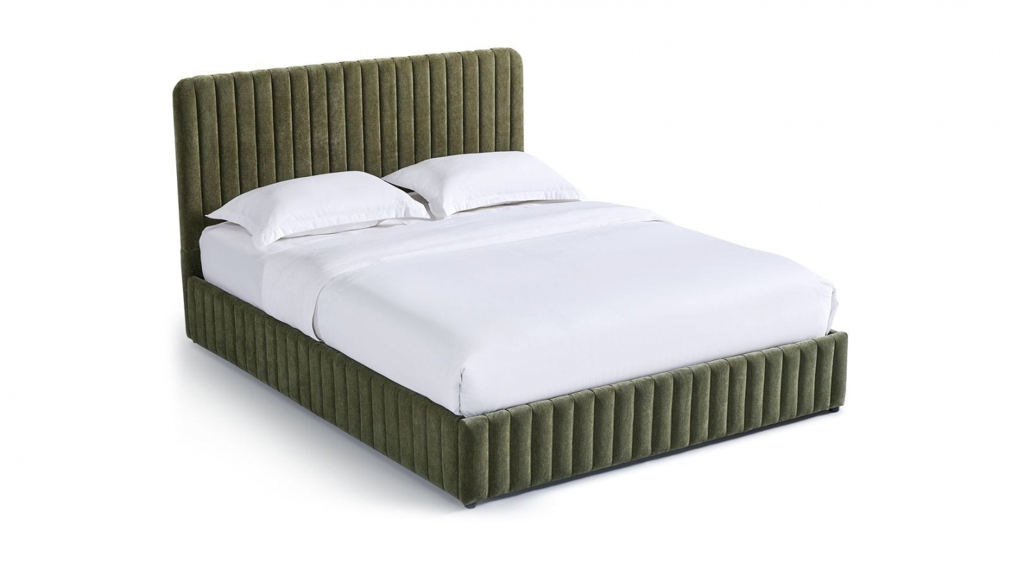 Lit coffre adulte 140x190 cm avec tête de lit capitonnée en tissu chenille vert kaki - Alto Lit coffre adulte 140x190 cm avec tête de lit capitonnée en tissu chenille vert kaki - Alto