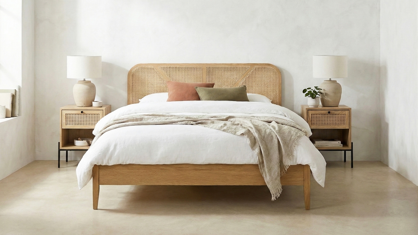 Ensemble Lit adulte 180x200 cm en bois avec tête de lit en bois massif et cannage Leonie + lot de 2 chevets Iris Ensemble Lit adulte 180x200 cm en bois avec tête de lit en bois massif et cannage Leonie + lot de 2 chevets Iris