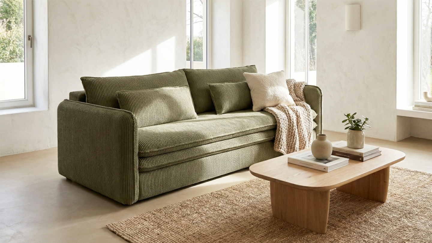 Canapé convertible 3 places en velours côtelé vert kaki - Baya Canapé convertible 3 places en velours côtelé vert kaki - Baya