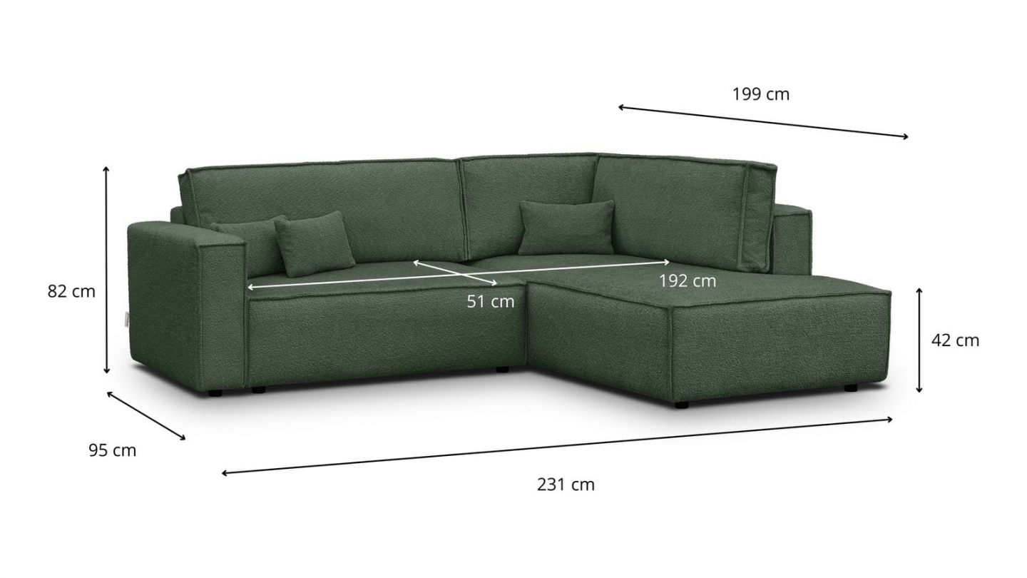 Canapé d'angle ouvert à droite convertible 3 places en tissu bouclé vert foncé - Emma Canapé d'angle ouvert à droite convertible 3 places en tissu bouclé vert foncé - Emma