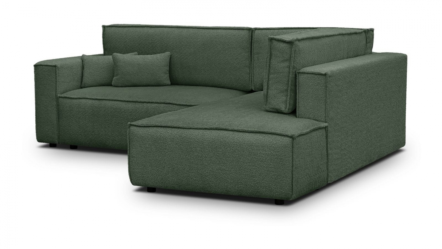 Canapé d'angle ouvert à droite convertible 3 places en tissu bouclé vert foncé - Emma Canapé d'angle ouvert à droite convertible 3 places en tissu bouclé vert foncé - Emma