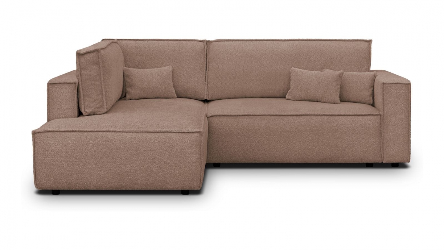 Canapé d'angle ouvert à gauche convertible 3 places en tissu bouclé rose poudré - Emma Canapé d'angle ouvert à gauche convertible 3 places en tissu bouclé rose poudré - Emma