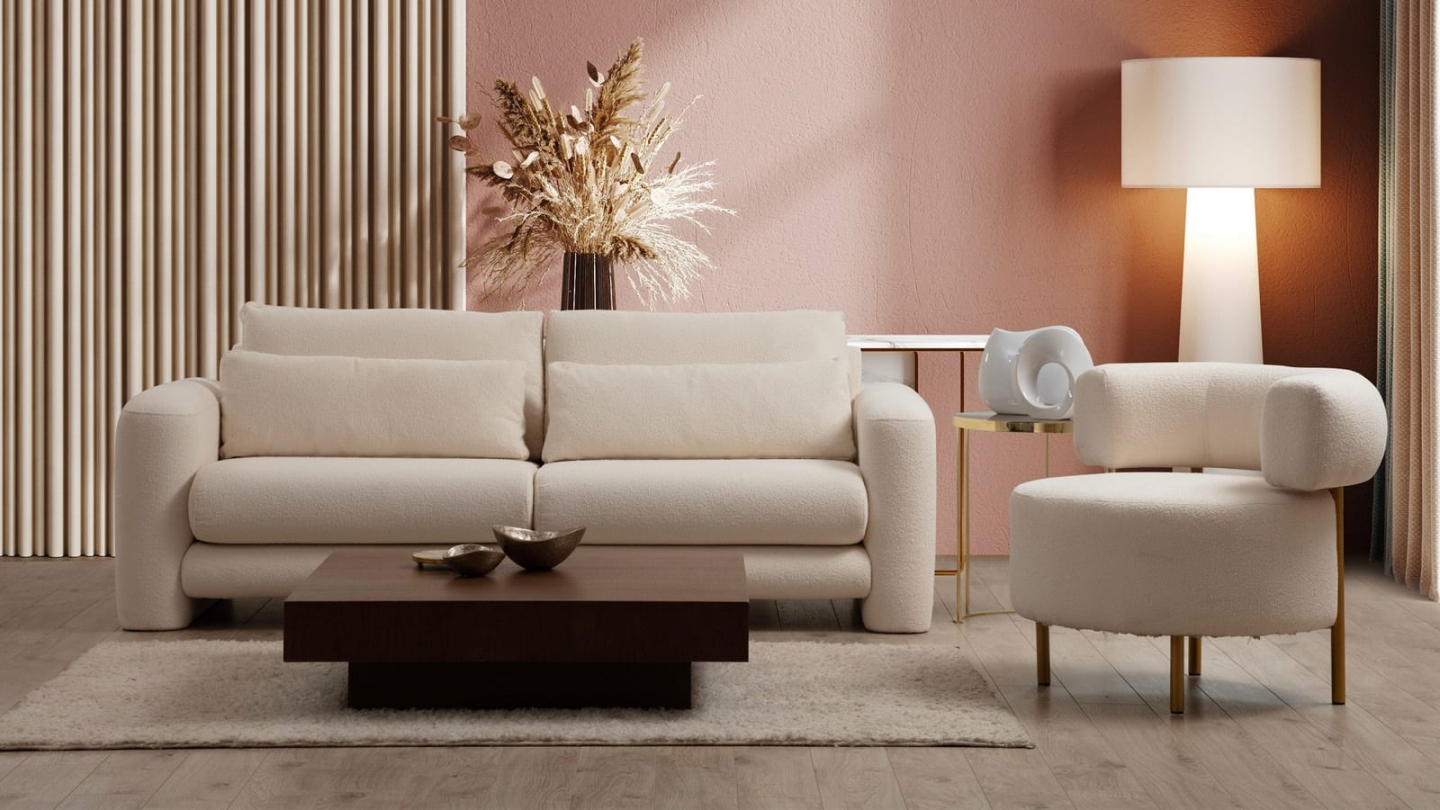 Canapé droit 2 places en tissu teddy beige - Amaya Canapé droit 2 places en tissu teddy beige - Amaya