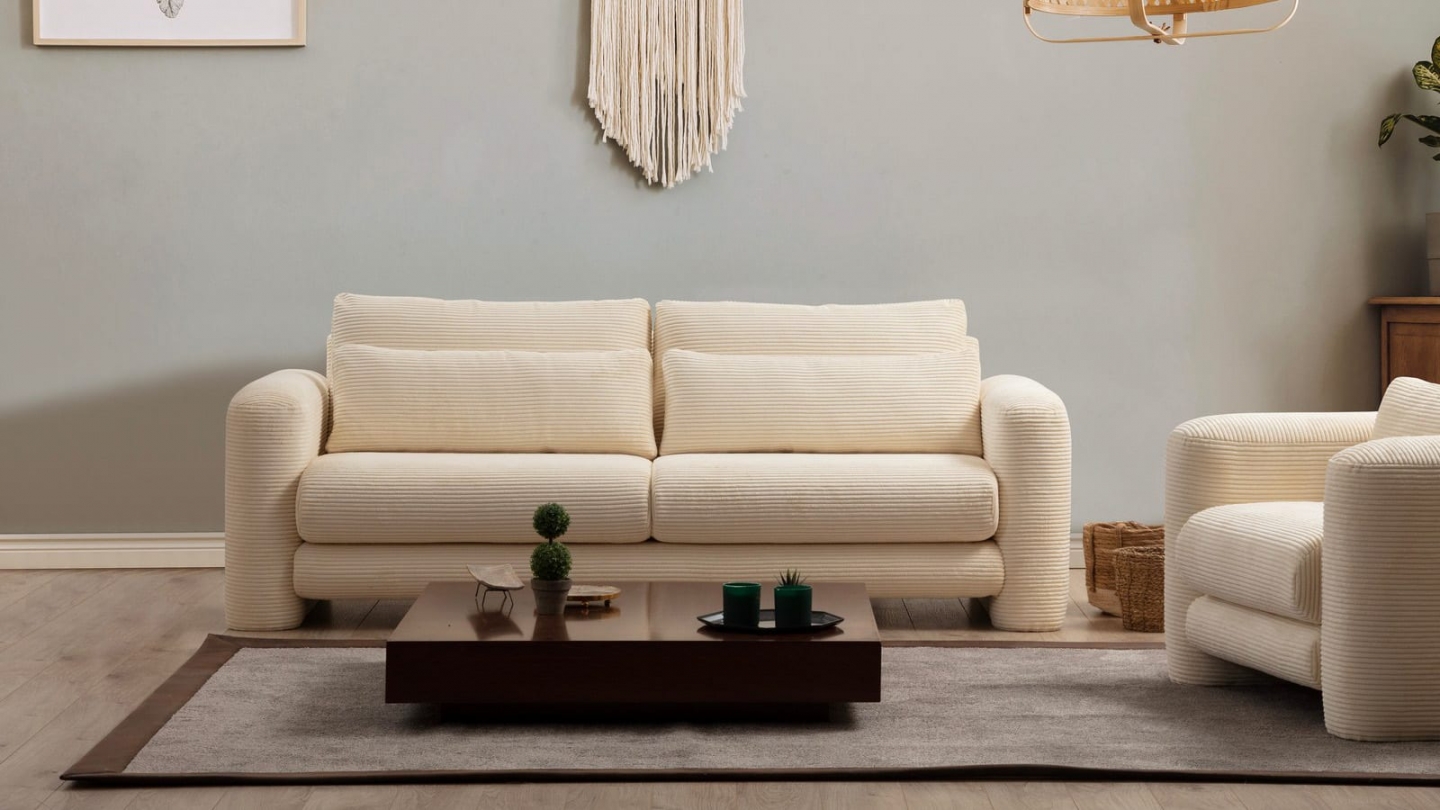 Canapé droit 2 places en velours côtelé beige - Amaya Canapé droit 2 places en velours côtelé beige - Amaya