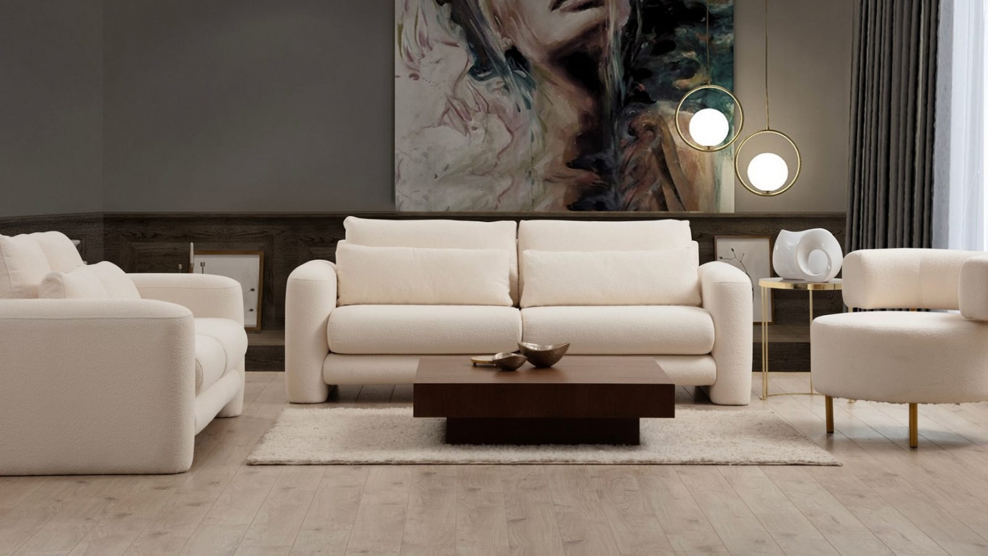 Canapé droit 3 places en tissu teddy beige - Amaya Canapé droit 3 places en tissu teddy beige - Amaya