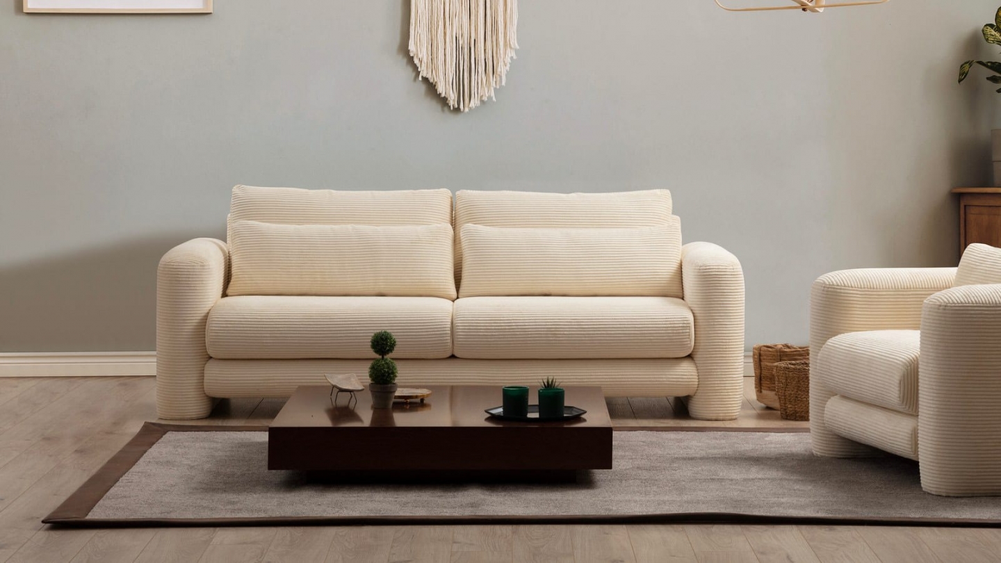 Canapé droit 3 places en velours côtelé beige - Amaya Canapé droit 3 places en velours côtelé beige - Amaya