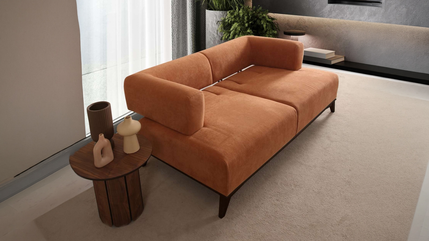 Canapé droit 2 places en tissu rouille, piètement noir - Tano Canapé droit 2 places en tissu rouille, piètement noir - Tano