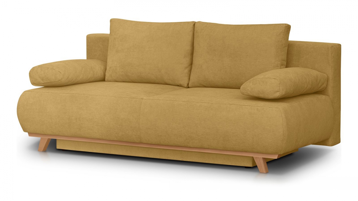 Canapé convertible 3 places avec coffre de rangement en tissu chenille jaune moutarde - Laria Canapé convertible 3 places avec coffre de rangement en tissu chenille jaune moutarde - Laria