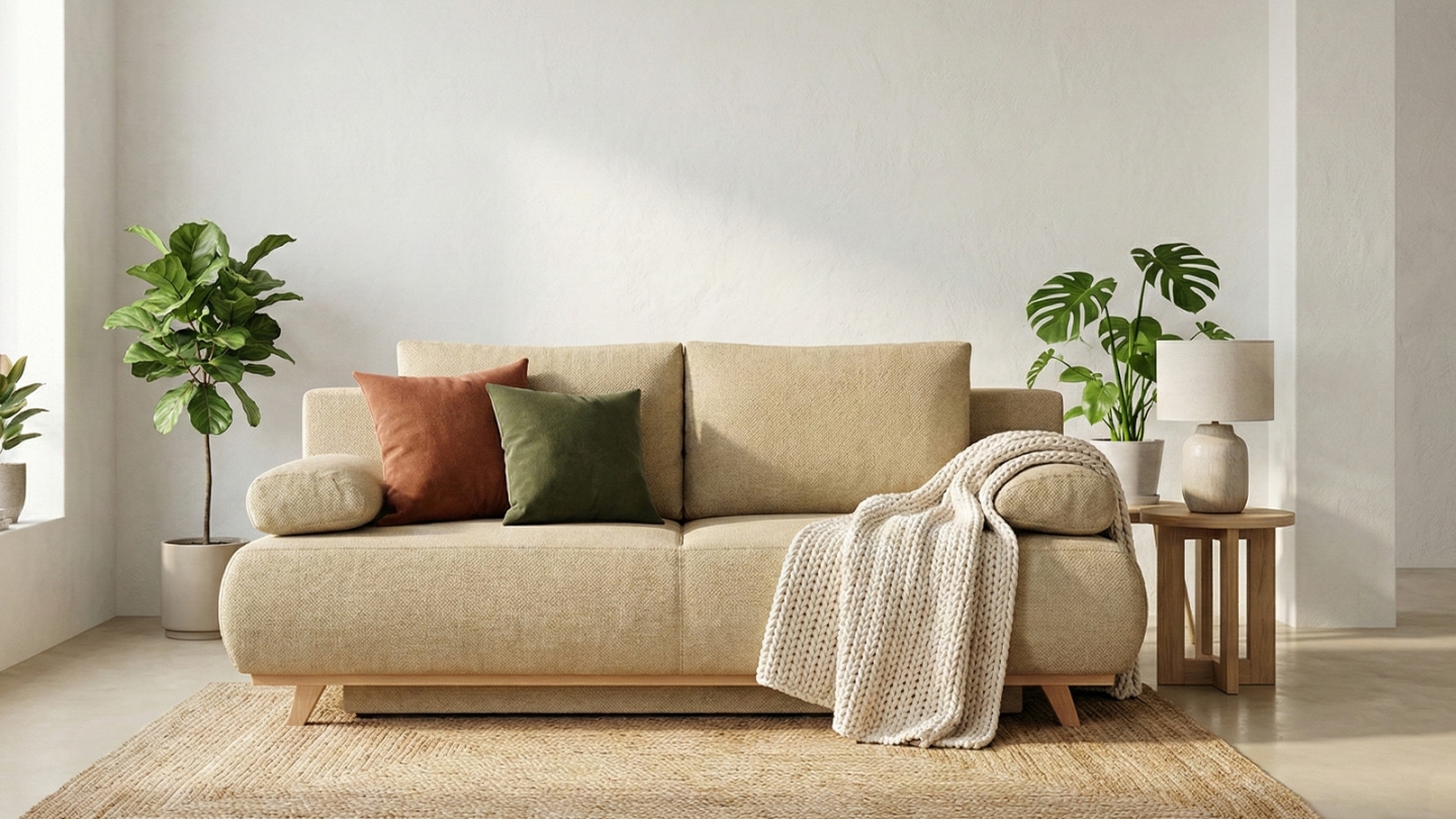 Canapé convertible 3 places avec coffre de rangement en tissu chenille miel - Laria Canapé convertible 3 places avec coffre de rangement en tissu chenille miel - Laria