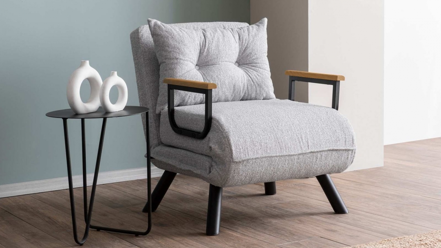 Fauteuil convertible avec dossier réglable en tissu teddy gris - Enea Fauteuil convertible avec dossier réglable en tissu teddy gris - Enea