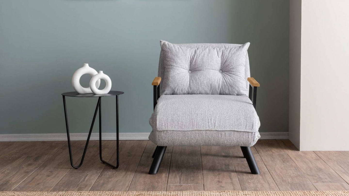 Fauteuil convertible avec dossier réglable en tissu teddy gris - Enea Fauteuil convertible avec dossier réglable en tissu teddy gris - Enea