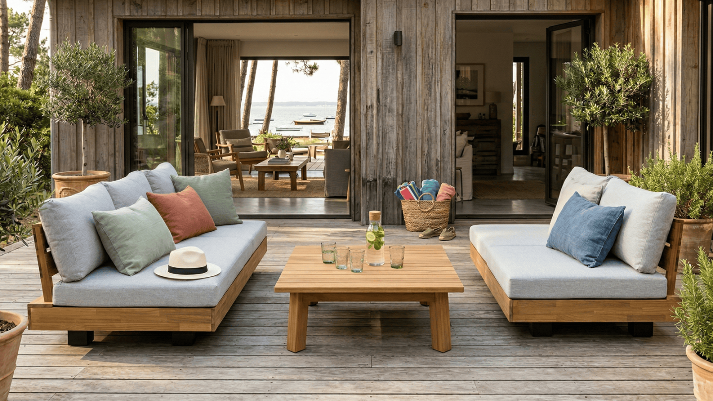 Salon de jardin 5 places en bois FSC - Coussins gris chine - Capri Salon de jardin 5 places en bois FSC - Coussins gris chine - Capri