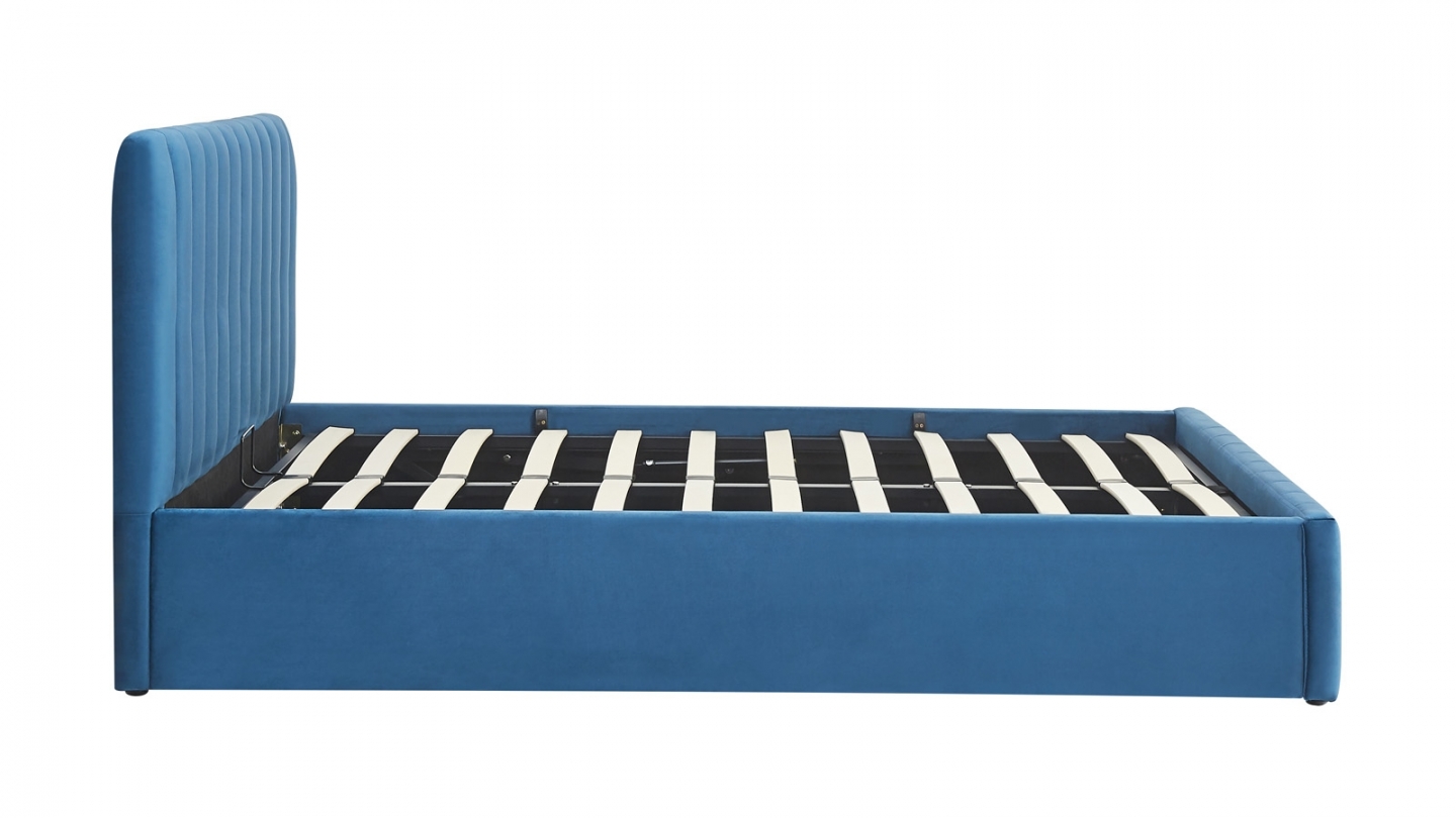 Lit coffre adulte 140x190 cm avec tête de lit capitonnée en velours bleu nuit - Ava Lit coffre adulte 140x190 cm avec tête de lit capitonnée en velours bleu nuit - Ava