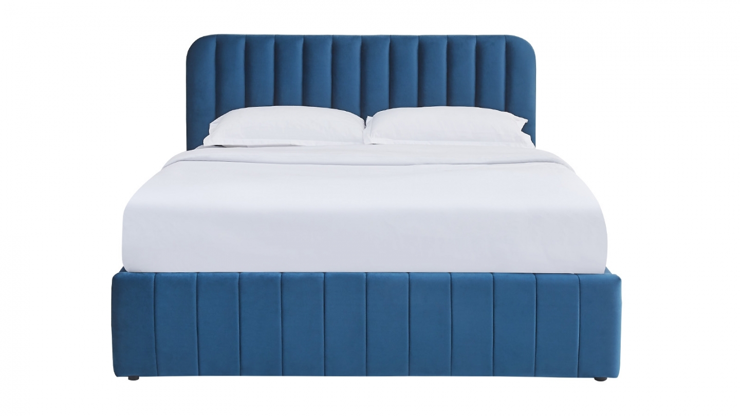 Lit coffre adulte 140x190 cm avec tête de lit capitonnée en velours bleu nuit - Ava Lit coffre adulte 140x190 cm avec tête de lit capitonnée en velours bleu nuit - Ava
