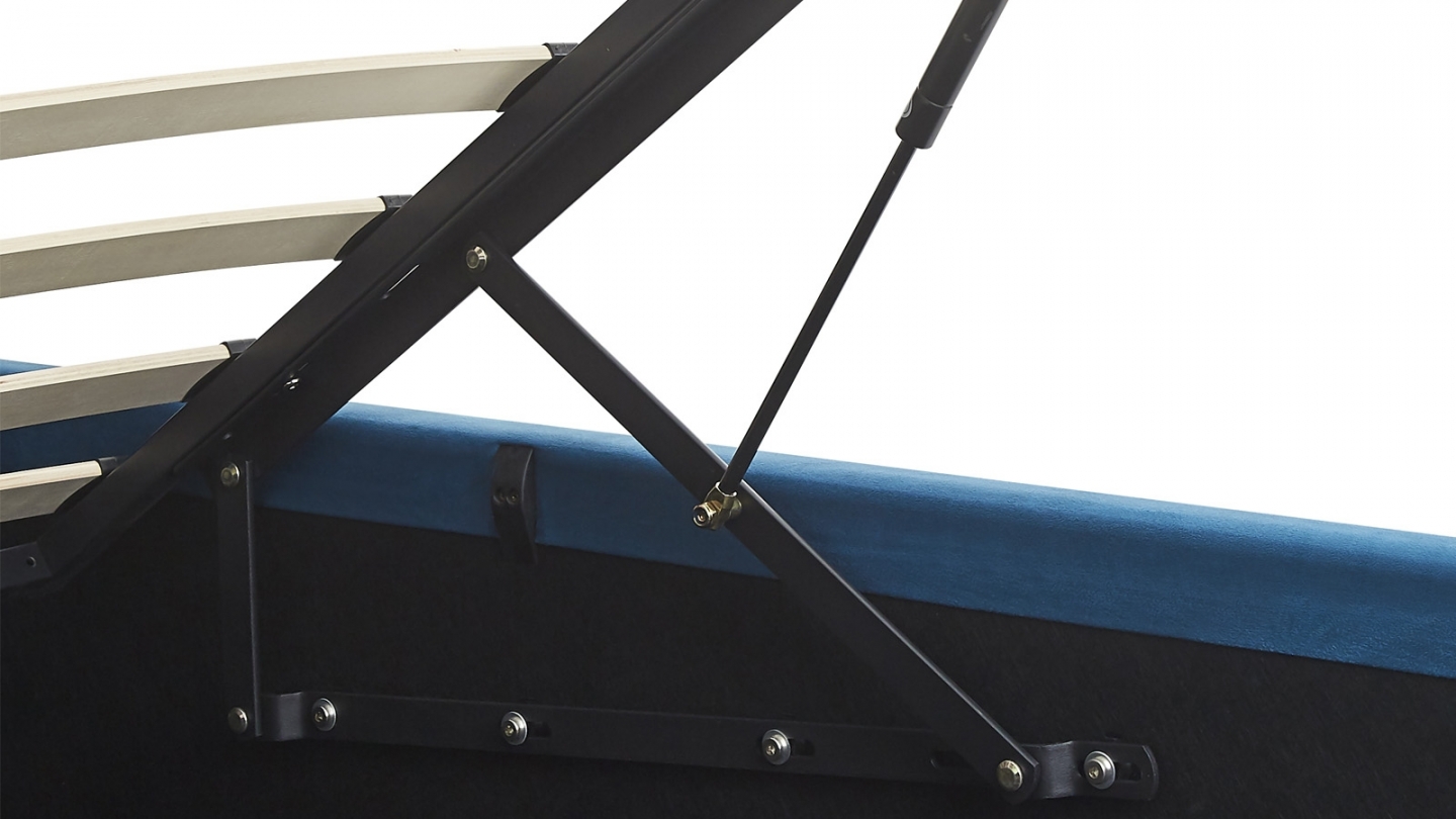 Lit coffre adulte 140x190 cm avec tête de lit capitonnée en velours bleu nuit - Ava Lit coffre adulte 140x190 cm avec tête de lit capitonnée en velours bleu nuit - Ava