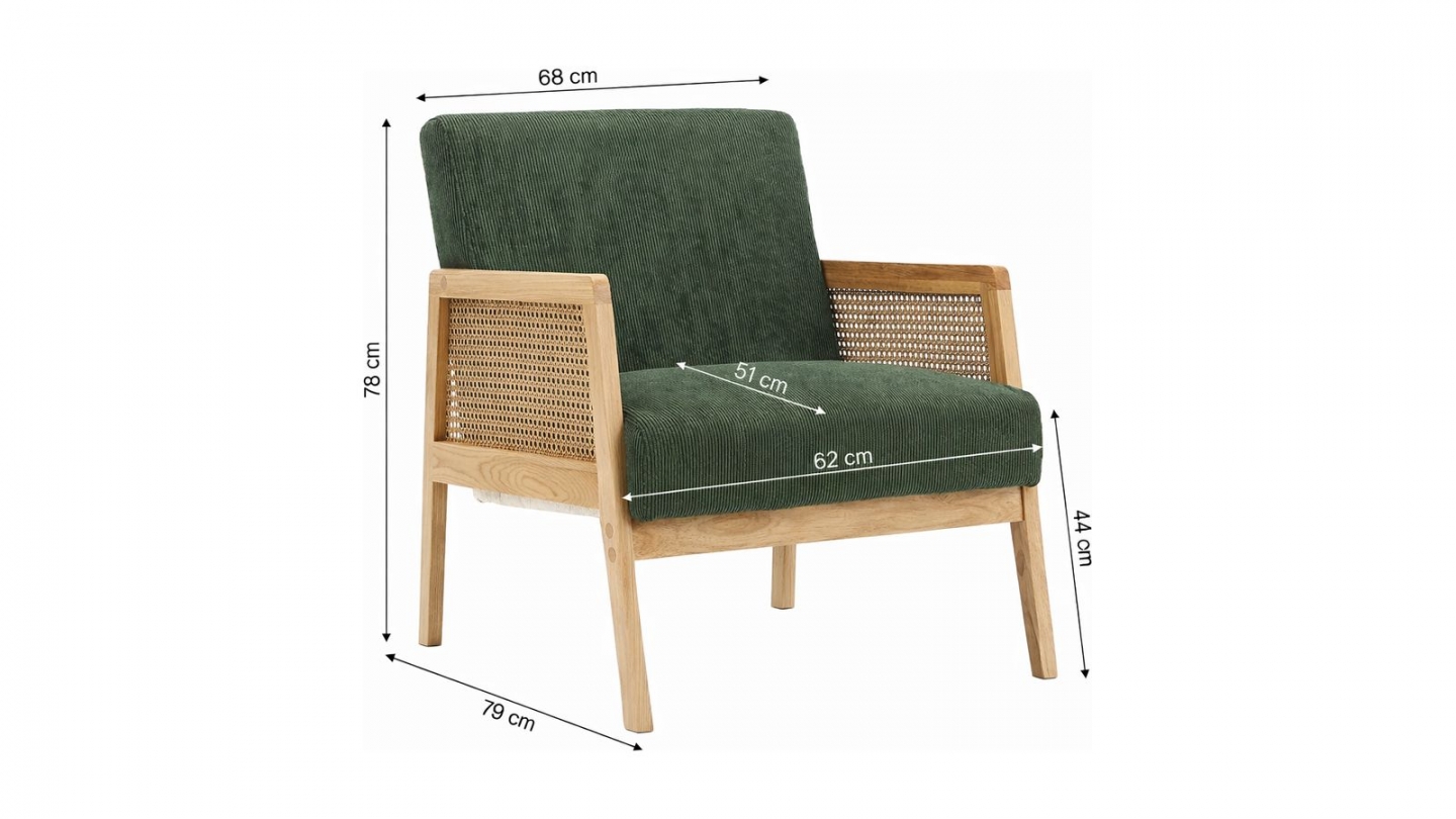 Fauteuil rotin et velours côtelé vert - Mani Fauteuil rotin et velours côtelé vert - Mani