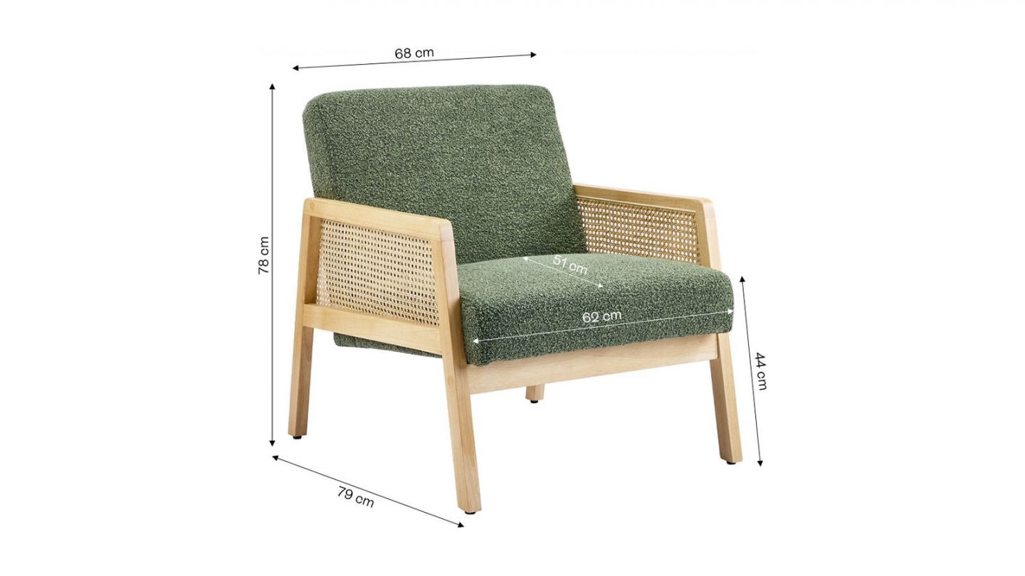 Fauteuil en cannage et tissu bouclé vert - Mani Fauteuil en cannage et tissu bouclé vert - Mani