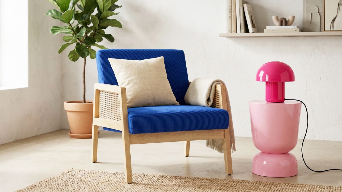 Fauteuil en cannage et velours côtelé bleu électrique - Mani Fauteuil en cannage et velours côtelé bleu électrique - Mani