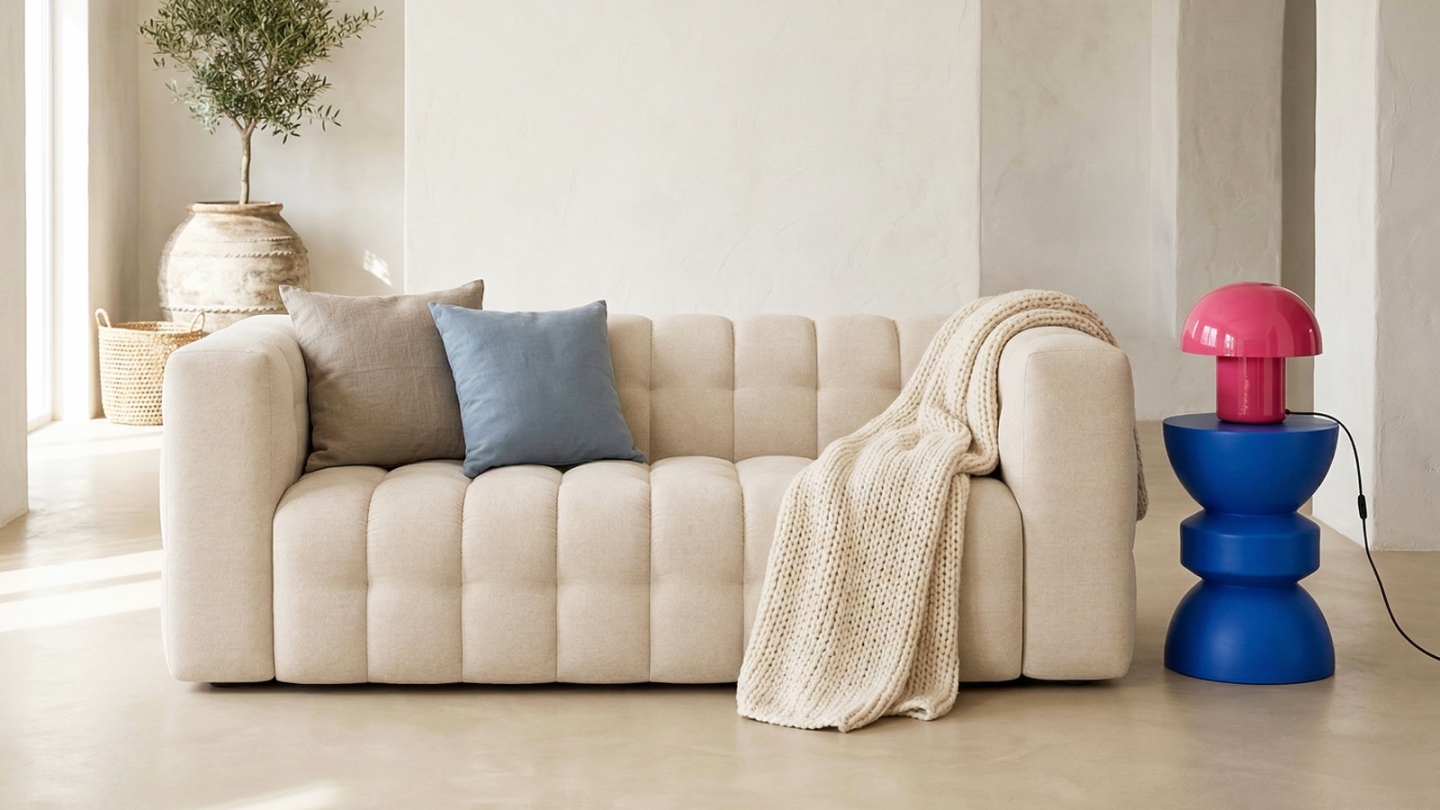 Canapé 3 places en tissu chenille beige - Cester Canapé 3 places en tissu chenille beige - Cester