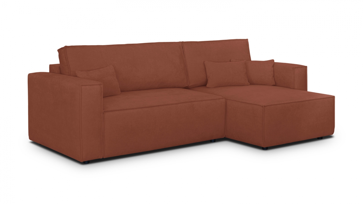Canapé d'angle convertible réversible 4 places avec coffre de rangement en tissu chenille rouille foncé - Livia Canapé d'angle convertible réversible 4 places avec coffre de rangement en tissu chenille rouille foncé - Livia
