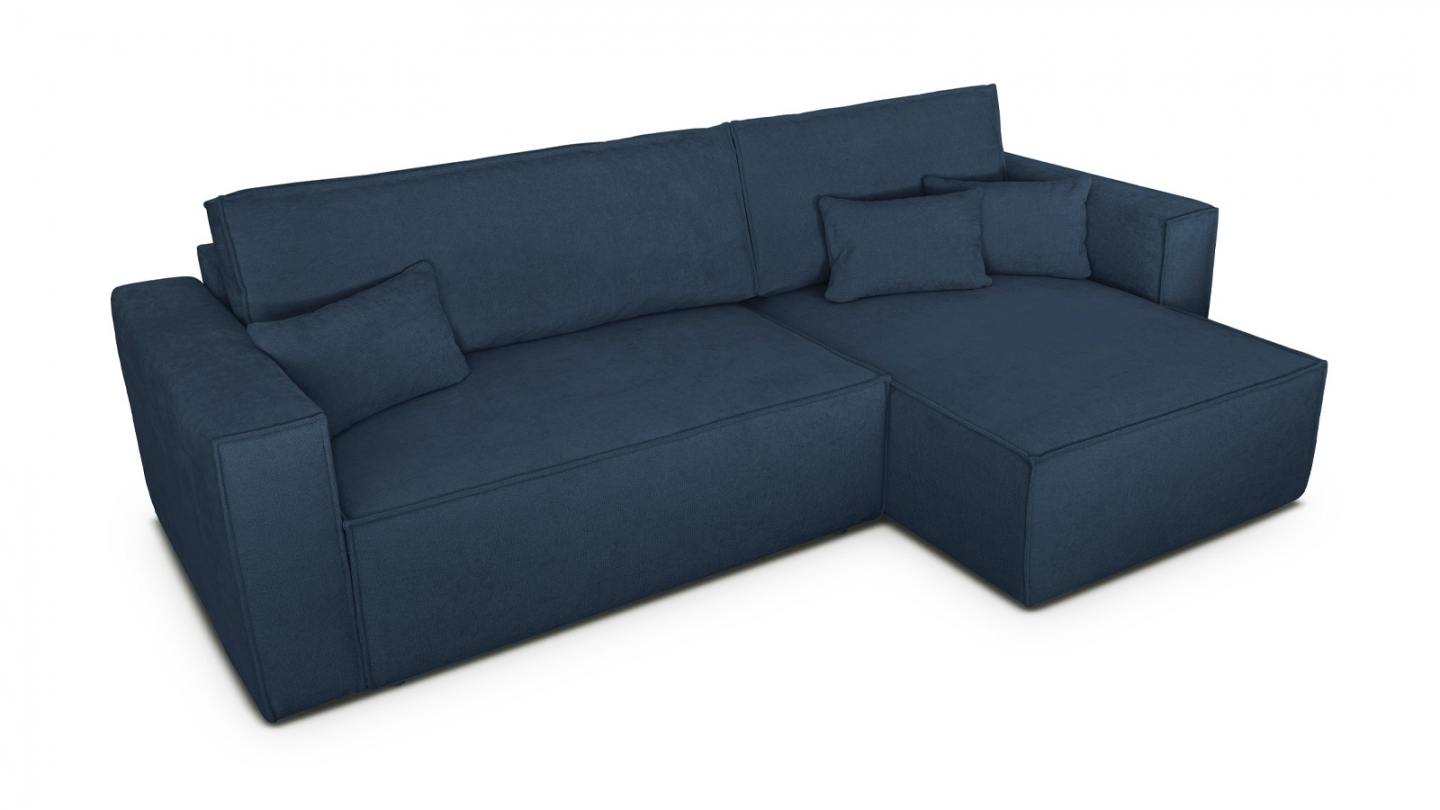 Canapé d'angle convertible réversible 4 places avec coffre de rangement en tissu chenille bleu foncé - Livia Canapé d'angle convertible réversible 4 places avec coffre de rangement en tissu chenille bleu foncé - Livia