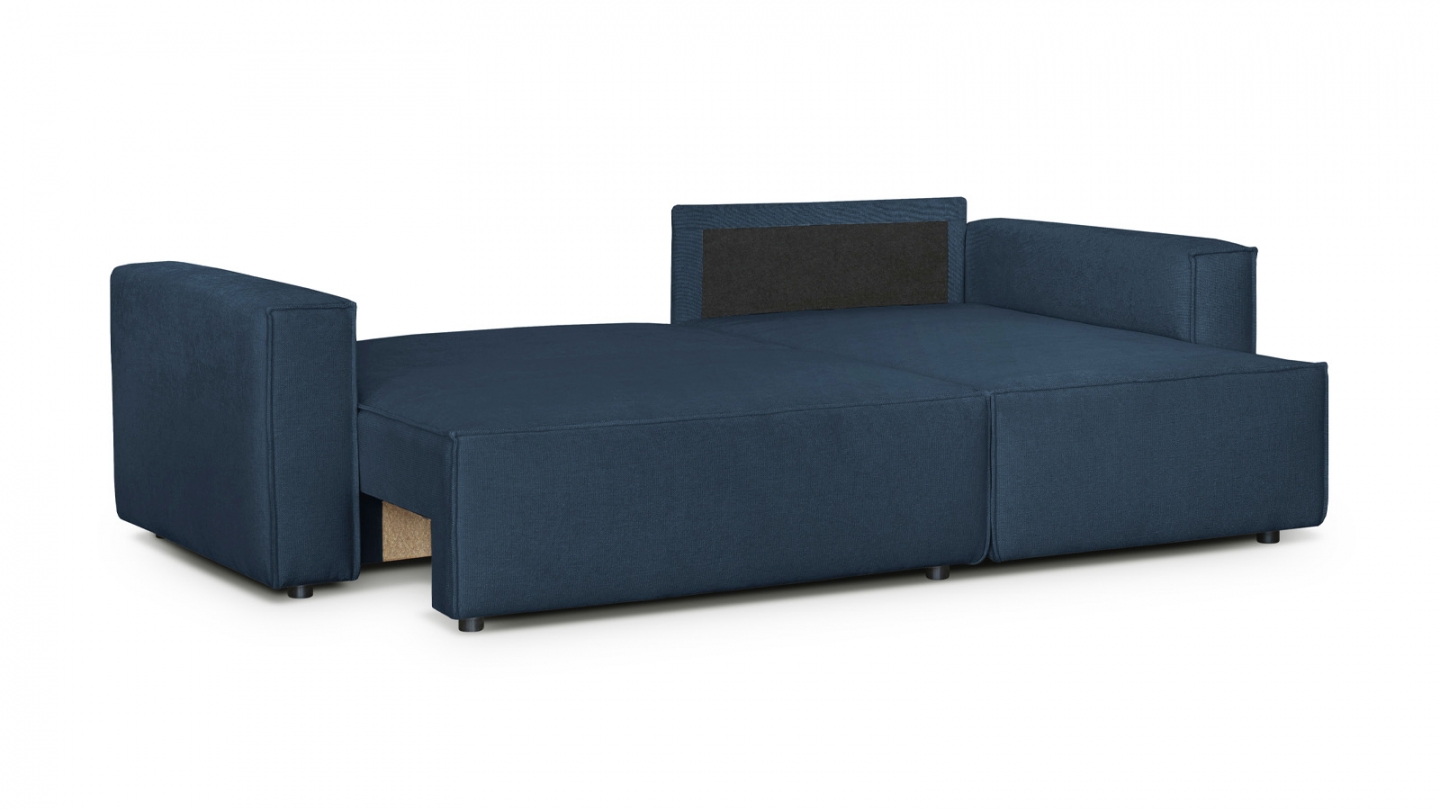 Canapé d'angle convertible réversible 4 places avec coffre de rangement en tissu chenille bleu foncé - Livia Canapé d'angle convertible réversible 4 places avec coffre de rangement en tissu chenille bleu foncé - Livia